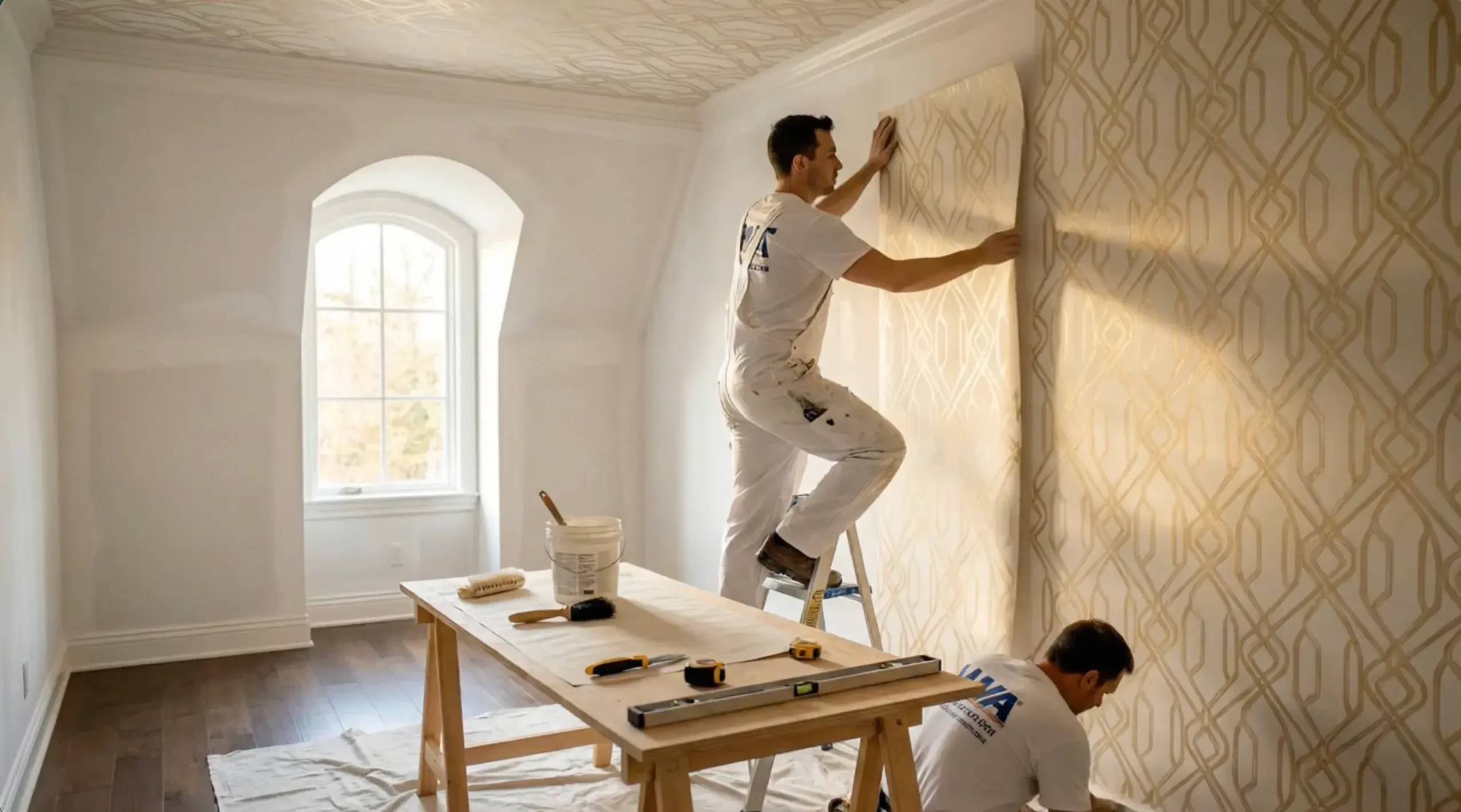 Finished wallpapered interior with a sophisticated feature wall