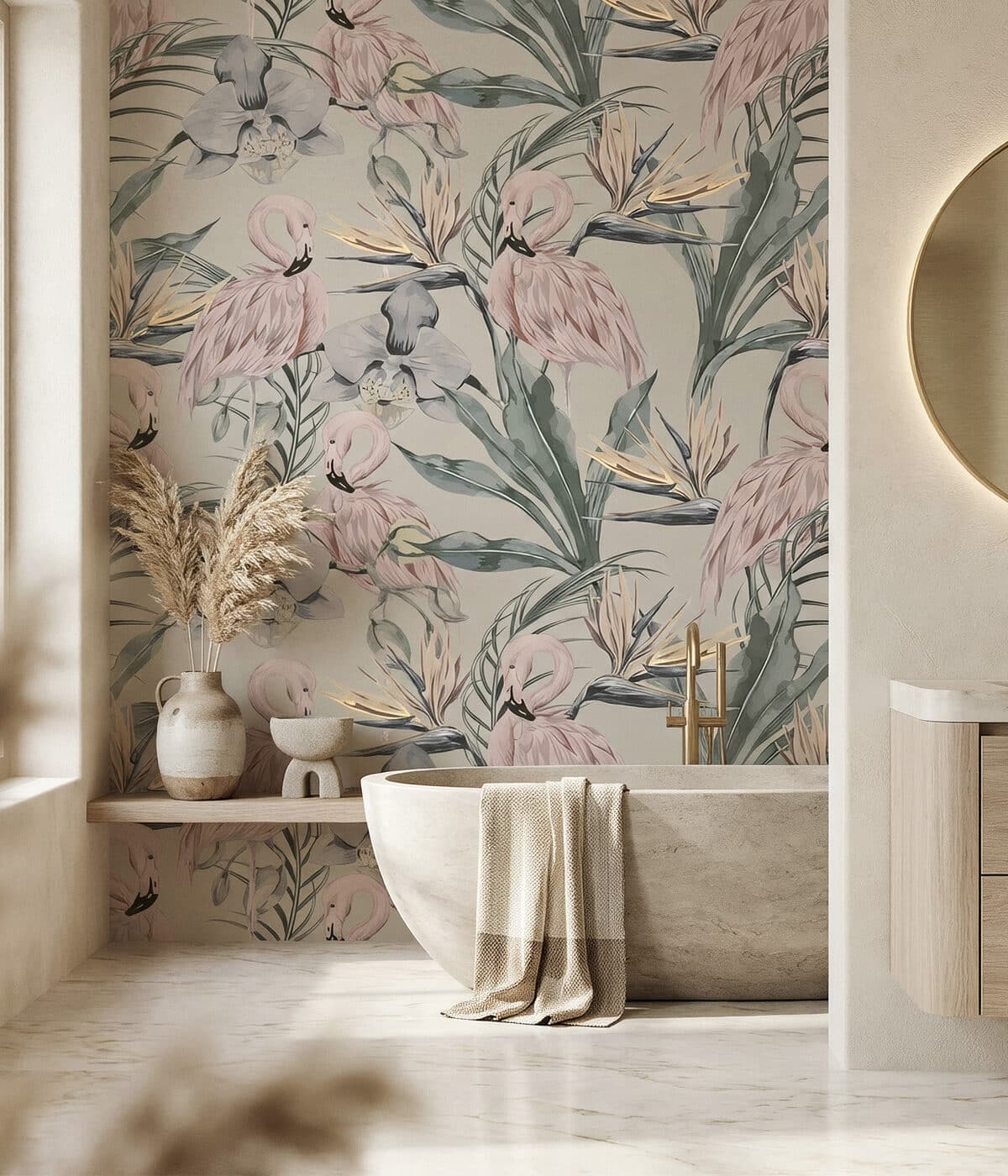 Decorative mural wallcovering in a refined interior